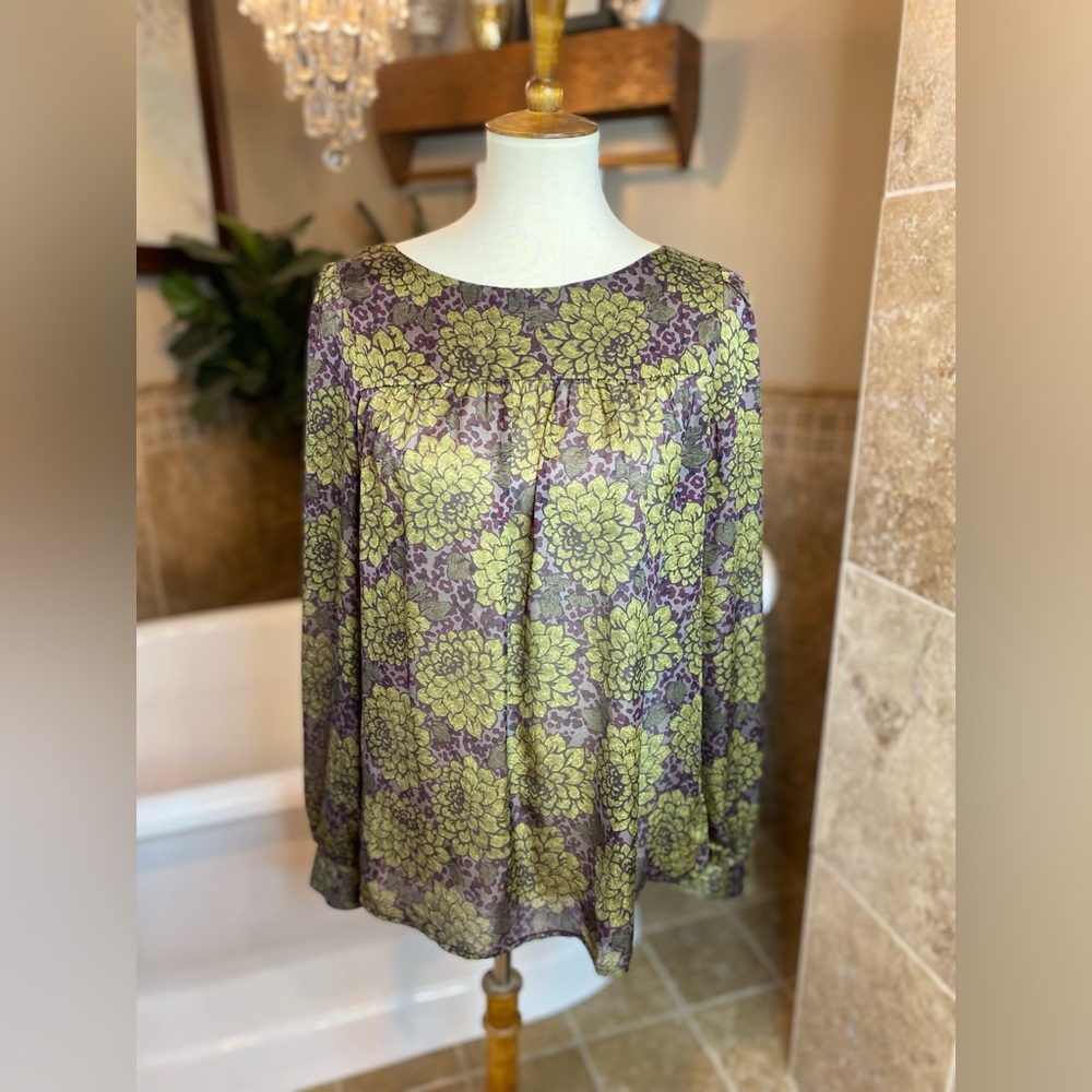 LOFT Floral Long-Sleeve Blouse - Olive Green & Purple